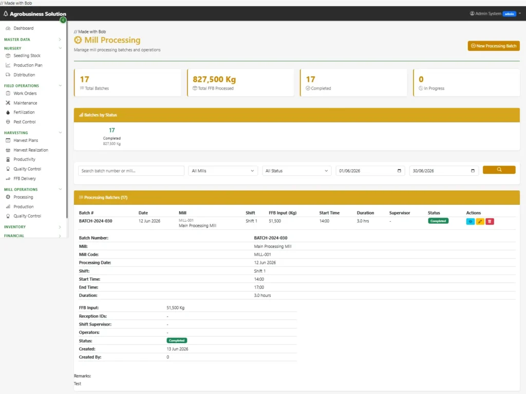IBM Bob's custom website page made by Inodesain, showing Mill Processing - manages how harvested crops are processed into finished or semi-finished products.